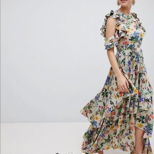 Floral Satin Ruffle Sleeve Maxi Dress Ruffles